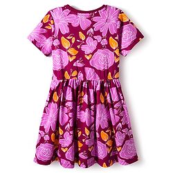 Pine Kids Cotton Knit Half Sleeves Frock with Floral Print - Maroon & Pink