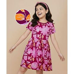 Pine Kids Cotton Knit Half Sleeves Frock with Floral Print - Maroon & Pink