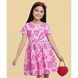 Pine Kids Cotton Knit Half Sleeves Frock with Heart Print -  Pink
