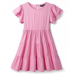 Pine Kids Viscose Woven Flutter Sleeves Solid Color Frock - Pink