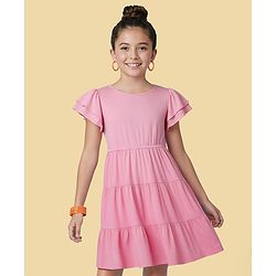 Pine Kids Viscose Woven Flutter Sleeves Solid Color Frock - Pink