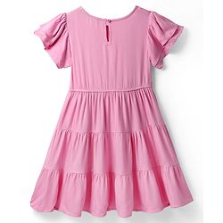 Pine Kids Viscose Woven Flutter Sleeves Solid Color Frock - Pink