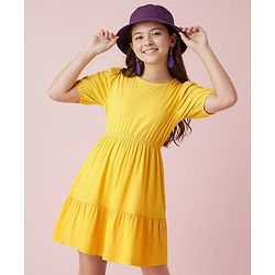 Pine Kids Woven Half Sleeves Solid Color Frock - Yellow