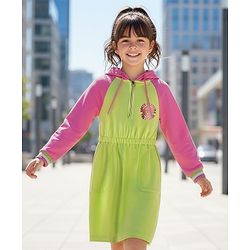 Pine Kids 100% Cotton Full Raglan Sleeves Hooded Sweatshirt Dress- Lime Green & Pink