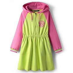 Pine Kids 100% Cotton Full Raglan Sleeves Hooded Sweatshirt Dress- Lime Green & Pink