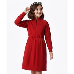 Pine Kids Cotton Knit Full Raglan Sleeves Solid Colour Winter Dress - Maroon