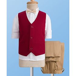 Pine Kids Knit Full Sleeves Three Piece Party Suit Set with Bow - Maroon White & Beige