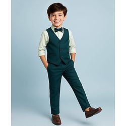 Pine Kids Knit Full Sleeves Solid 3 Piece Party Suit With Bow - Dark Green