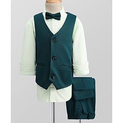 Pine Kids Knit Full Sleeves Solid 3 Piece Party Suit With Bow - Dark Green
