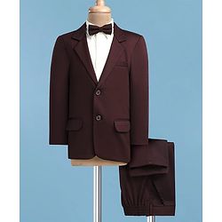Pine Kids Knit Full Sleeves Solid 3 Piece Party Suit With Bow - Brown & White