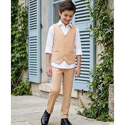 Pine Kids Knit Full Sleeves Solid 3 Piece Party Suit - Beige