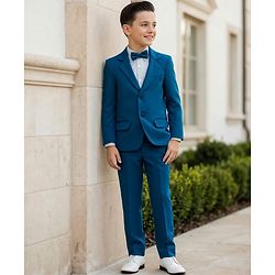 Pine Kids Knit Full Sleeves Solid 3 Piece Party Suit With Bow - Teal Blue