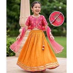 Pine Kids Woven Half Sleeves Choli Lehenga Set with Dupatta & Zari Detailing - Orange
