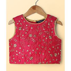 Pine Kids Woven Sleeveless Choli Lehenga Set with Dupatta Floral Glitter Print & Embroidery - Pink