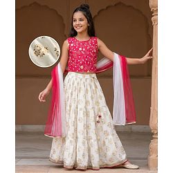 Pine Kids Woven Sleeveless Choli Lehenga Set with Dupatta Floral Glitter Print & Embroidery - Pink
