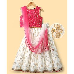 Pine Kids Woven Sleeveless Choli Lehenga Set with Dupatta Floral Glitter Print & Embroidery - Pink