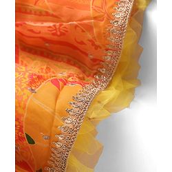 Pine Kids Woven Half Sleeves Striped Choli Lehenga Set with Dupatta Floral Print & Embroidery - Orange
