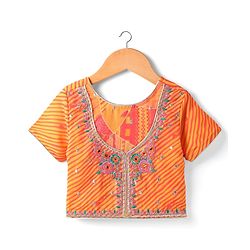 Pine Kids Woven Half Sleeves Striped Choli Lehenga Set with Dupatta Floral Print & Embroidery - Orange