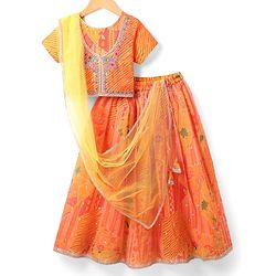 Pine Kids Woven Half Sleeves Striped Choli Lehenga Set with Dupatta Floral Print & Embroidery - Orange