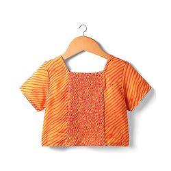 Pine Kids Woven Half Sleeves Striped Choli Lehenga Set with Dupatta Floral Print & Embroidery - Orange