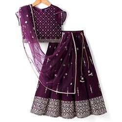 Pine Kids Woven Half Sleeves Choli Lehenga Set with Dupatta & Sequin Detailing - Wine
