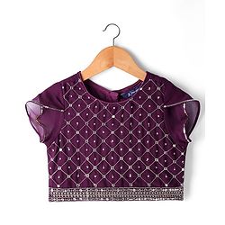 Pine Kids Woven Half Sleeves Choli Lehenga Set with Dupatta & Sequin Detailing - Wine