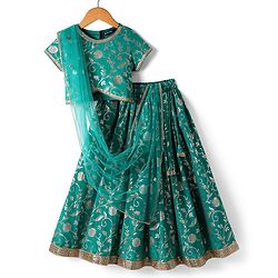 Pine Kids Woven Half Sleeves Choli Lehenga Set with Dupatta & Zari Detailing - Mint