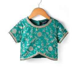 Pine Kids Woven Half Sleeves Choli Lehenga Set with Dupatta & Zari Detailing - Mint