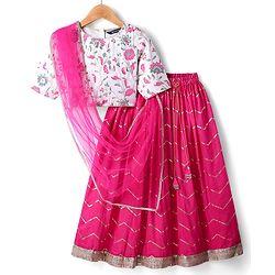 Pine Kids Woven Half Sleeves Choli Lehenga Set with Dupatta Floral Glitter Print & Lace Detailing - Pink