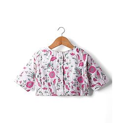 Pine Kids Woven Half Sleeves Choli Lehenga Set with Dupatta Floral Glitter Print & Lace Detailing - Pink