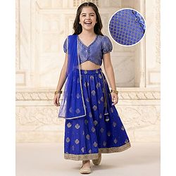 Pine Kids Woven Half Puffed Sleeves Choli Lehenga Set with Dupatta Motif Glitter Print & Lace Detailing - Royal Blue