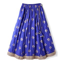 Pine Kids Woven Half Puffed Sleeves Choli Lehenga Set with Dupatta Motif Glitter Print & Lace Detailing - Royal Blue