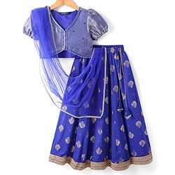 Pine Kids Woven Half Puffed Sleeves Choli Lehenga Set with Dupatta Motif Glitter Print & Lace Detailing - Royal Blue
