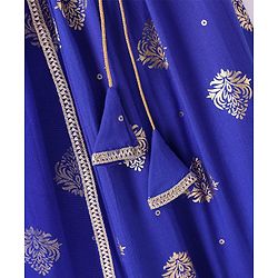 Pine Kids Woven Half Puffed Sleeves Choli Lehenga Set with Dupatta Motif Glitter Print & Lace Detailing - Royal Blue