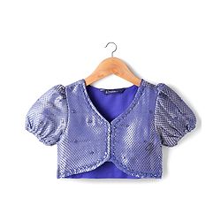 Pine Kids Woven Half Puffed Sleeves Choli Lehenga Set with Dupatta Motif Glitter Print & Lace Detailing - Royal Blue