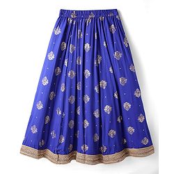 Pine Kids Woven Half Puffed Sleeves Choli Lehenga Set with Dupatta Motif Glitter Print & Lace Detailing - Royal Blue