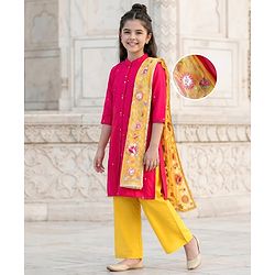 Pine Kids Woven Three Fourth Sleeves Kurta Palazzo Set with  Dupatta Floral Embroidery & Sequin & Lace Detailing - Yellow & Dark Pink