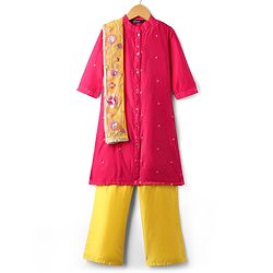 Pine Kids Woven Three Fourth Sleeves Kurta Palazzo Set with  Dupatta Floral Embroidery & Sequin & Lace Detailing - Yellow & Dark Pink