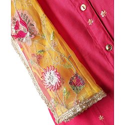 Pine Kids Woven Three Fourth Sleeves Kurta Palazzo Set with  Dupatta Floral Embroidery & Sequin & Lace Detailing - Yellow & Dark Pink