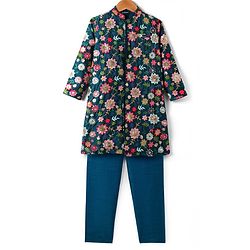 Pine Kids Woven Full Sleeves Floral Embroidered Kurta Pyjama Set - Navy Blue