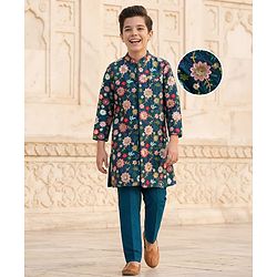 Pine Kids Woven Full Sleeves Floral Embroidered Kurta Pyjama Set - Navy Blue