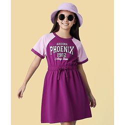 Pine Kids Cotton Knit Half Raglan Sleeves Winter Frock With Text Print - Purple