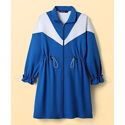 Pine Kids Cotton Knit Full Peasant Sleeves Color Block Winter Frock - Royal Blue & White