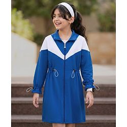Pine Kids Cotton Knit Full Peasant Sleeves Color Block Winter Frock - Royal Blue & White