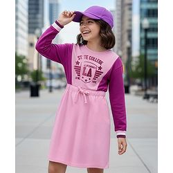 Pine Kids Cotton Knit Full Sleeves Color Black Winter Frock with State College California Text Print - Pink & Maroon