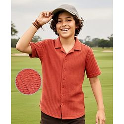 Pine Kids Cotton Knit Half Sleeves Textured Shirt - Rust Orange