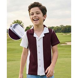 Pine Kids Knit Half Sleeves Shirt With Stripes - Wine & White