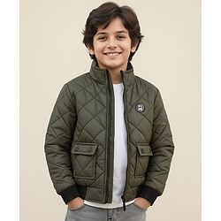Pine Kids Woven Full Sleeves Solid Quilted Jacket - Olive Green