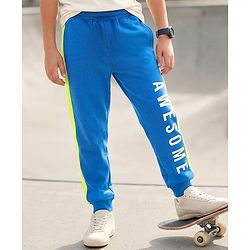Pine Kids Cotton Knit Full Length Track Pant With Text Print - Blue