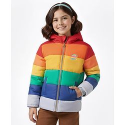 Pine Kids Woven Full Sleeves Colour Block Padded Hooded Jacket With Rainbow Patch Detailing - Multi Colour